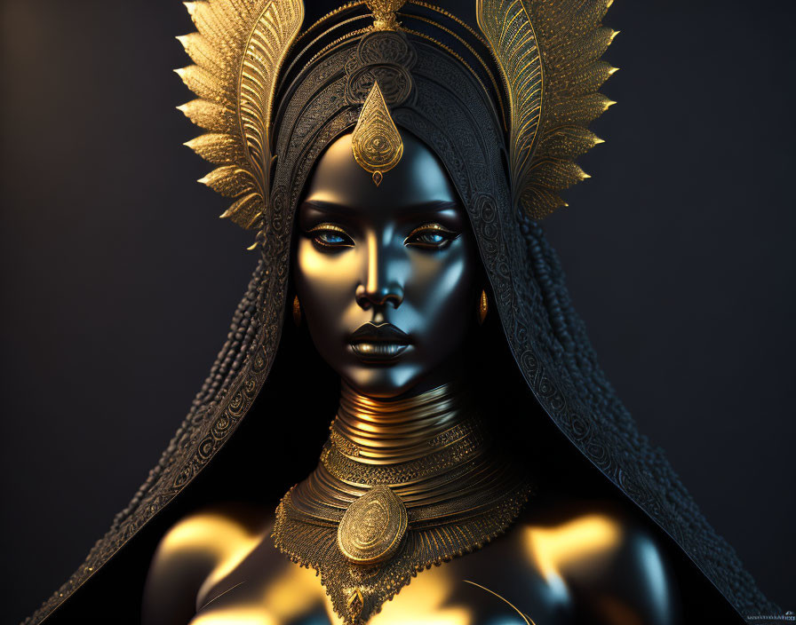 Dark-skinned woman in ornate gold headdress and jewelry