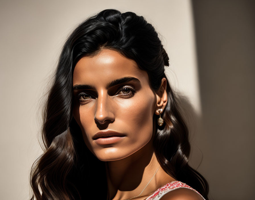 Dark-haired woman in shadowed room with sunlight on face