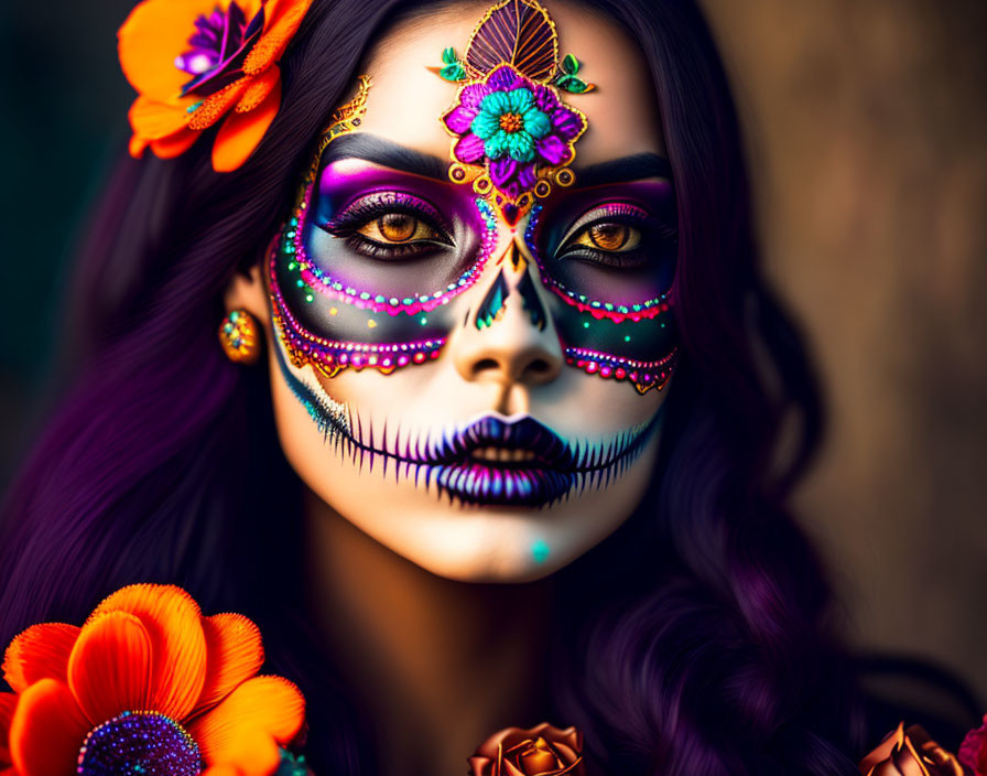 Woman with Dia de los Muertos face paint and purple hair among vibrant colors and floral patterns