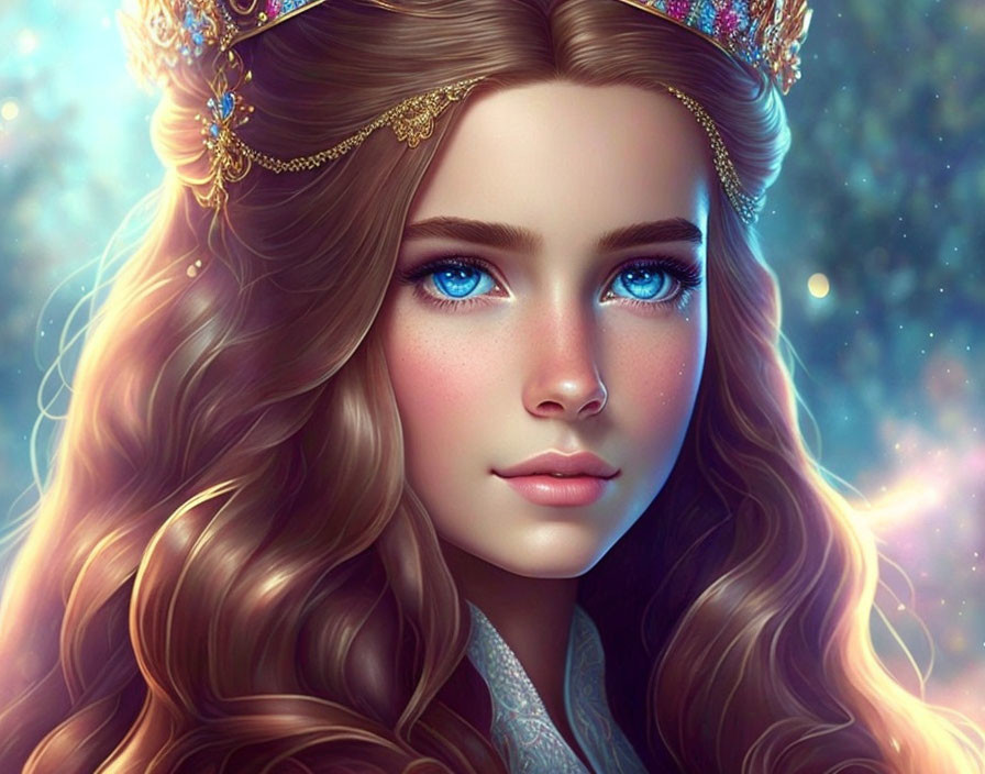 Portrait of woman with blue eyes, jeweled crown, and wavy brown hair on celestial background