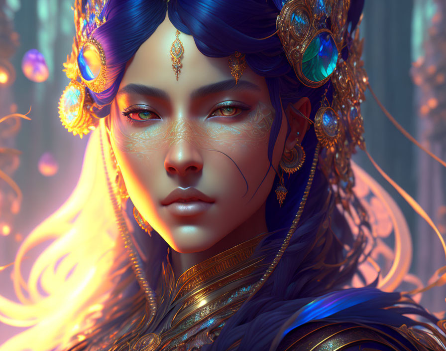 Fantasy female character with blue skin and gold jewelry on luminous background