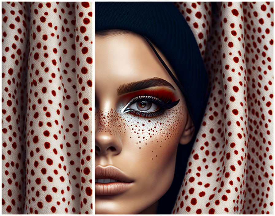 Striking makeup with bold eyeliner and freckles, obscured by dotted fabric and black headwear