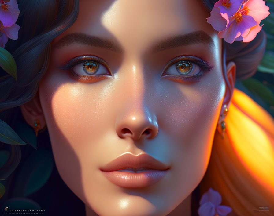 Detailed digital illustration of a woman with luminous eyes, surrounded by flowers and leaves