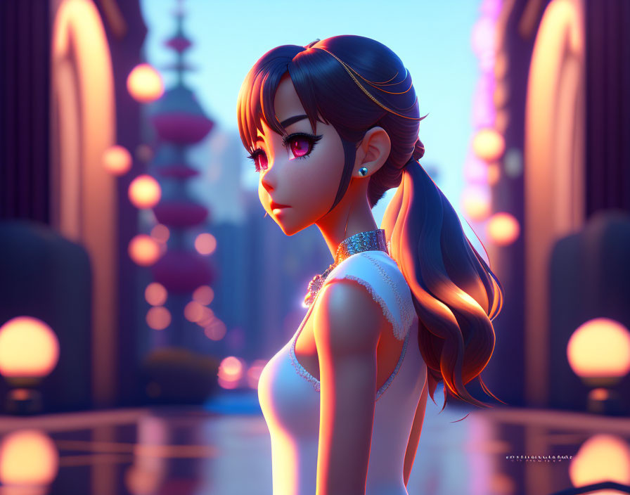 Dark-haired girl in white dress with large eyes, lanterns, and cityscape at twilight