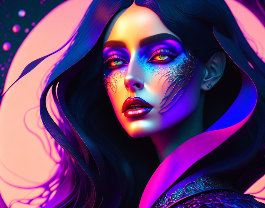 Colorful digital art: Woman with flowing hair, blue makeup, and fantasy attire on neon background