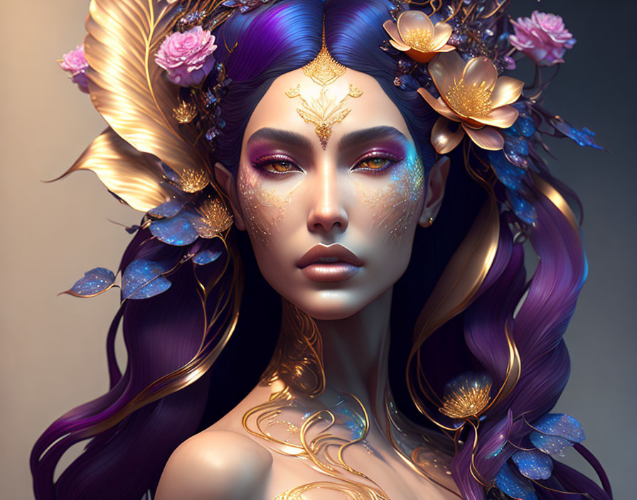 Fantasy illustration: Woman with violet hair, gold ornaments, butterflies, and flowers