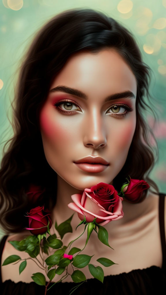 Digital art portrait: Female with dark curly hair, rosy cheeks, red eye makeup, holding pink