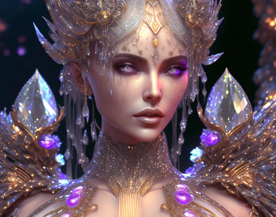 Detailed 3D rendering of fantasy figure with golden ornate headdress, violet eyes, crystal adorn