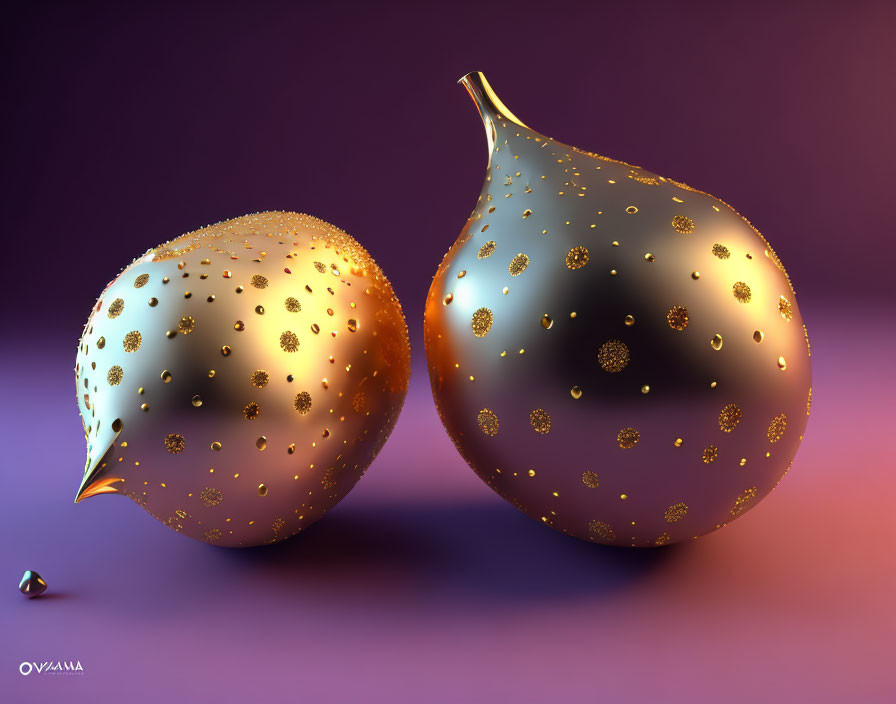 Golden-Spotted Fruits on Purple Background with Metallic Texture