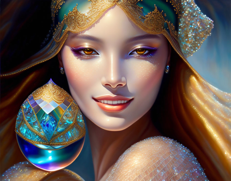 Smiling woman with golden accessories and blue orb in warm palette