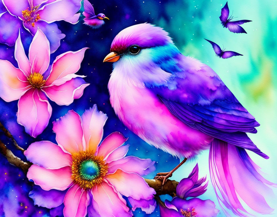 Colorful bird on branch with flowers and butterflies illustration