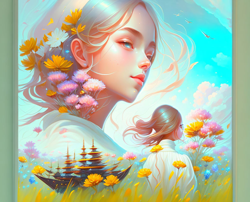 Illustration of woman with flowing hair blending ship and flowers in surreal scene