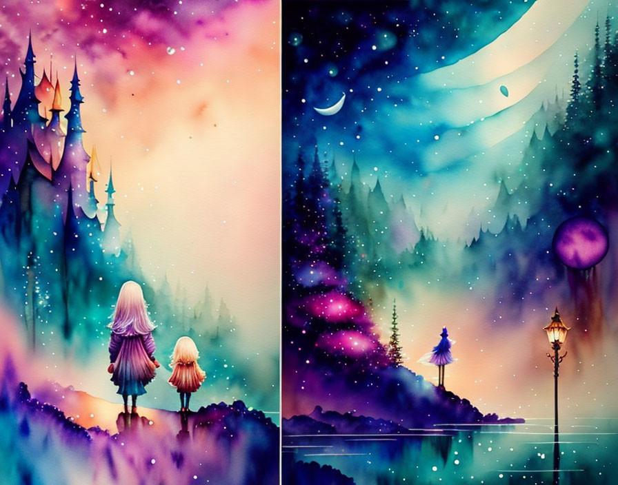 Whimsical woman and child in vibrant, fantastical landscapes