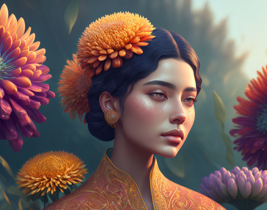 Detailed digital portrait of a woman with orange flowers, earrings, and traditional attire surrounded by blooms