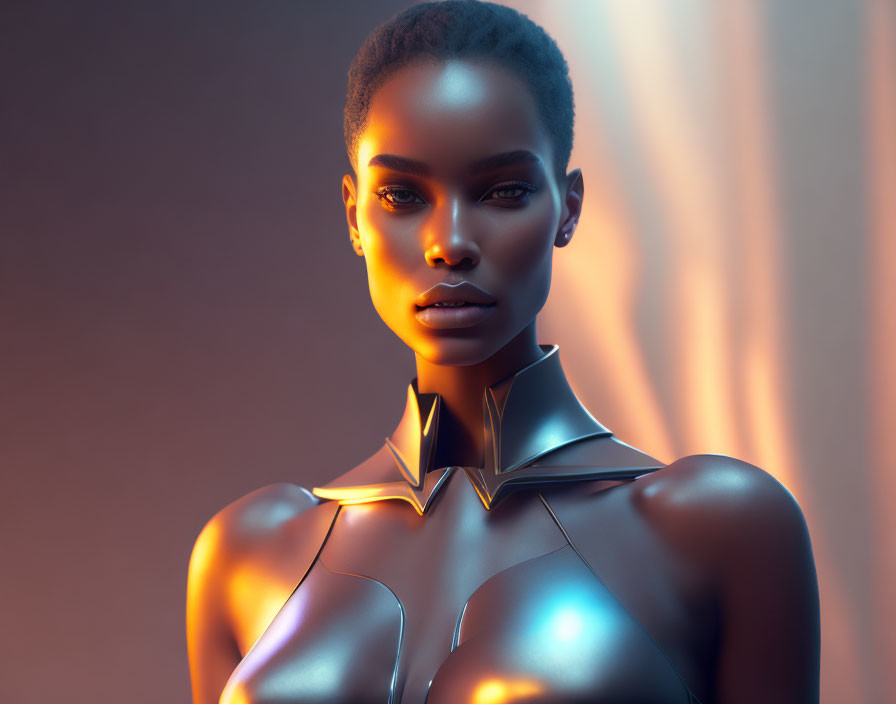 Portrait of Woman in Futuristic Metallic Outfit under Warm Light