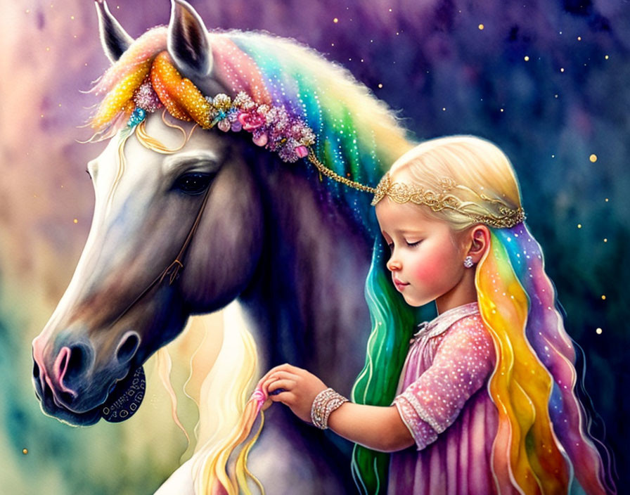 Blonde girl braiding unicorn's rainbow mane under starry sky