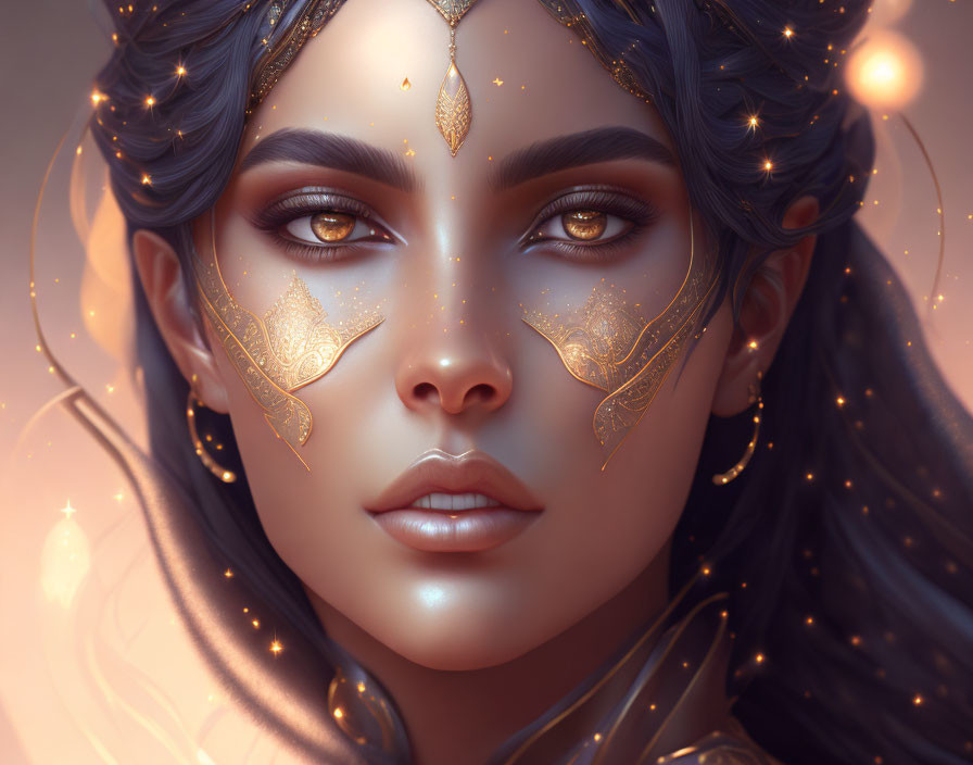 Digital portrait of woman with golden facial adornments and glowing accents against warm backdrop