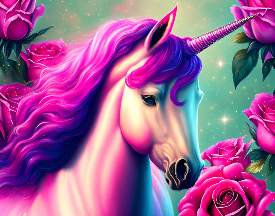 Colorful Unicorn Artwork with Pink Mane and Gleaming Horn Among Roses on Teal Background