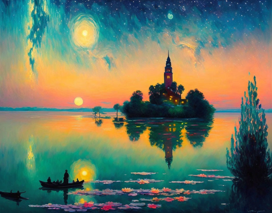 Nighttime lakescape painting with lighthouse, canoe, and dual moons