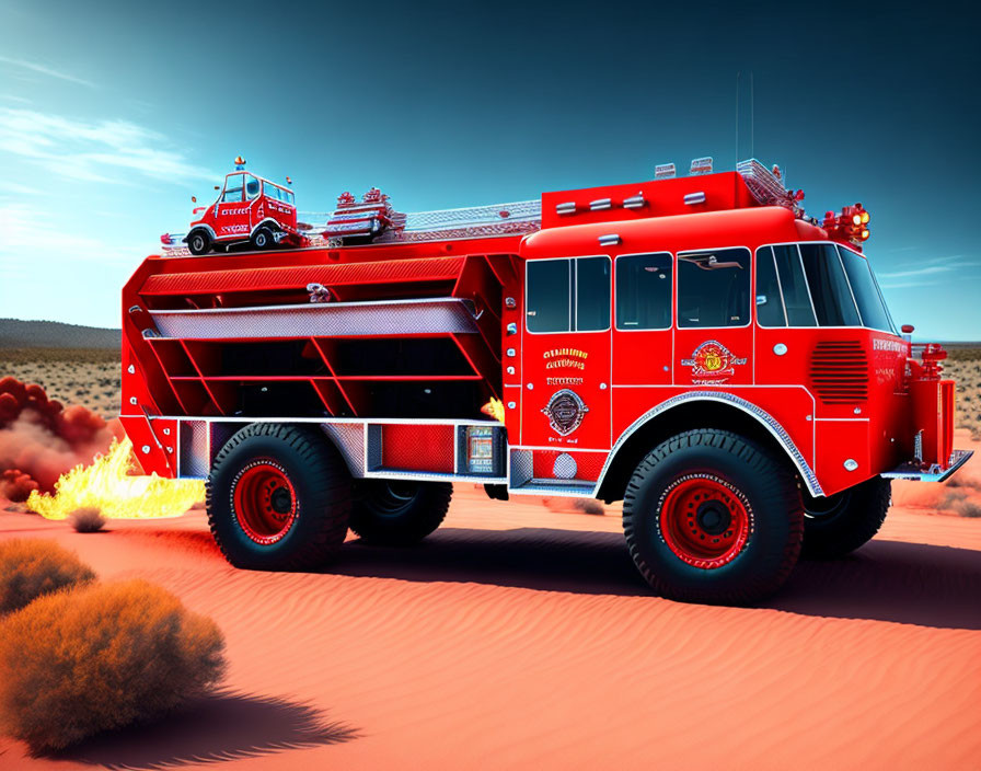 Bright red fire truck with ladders and emergency lights on reddish terrain under clear sky