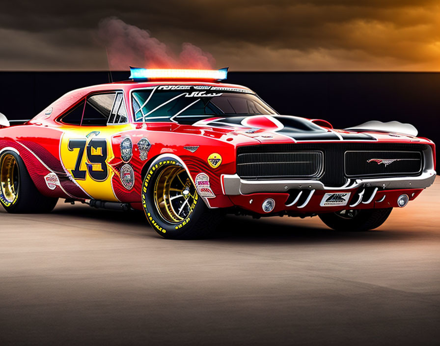 Vintage Race Car #73: Red and Yellow with Spoiler & Decals on Moody Background