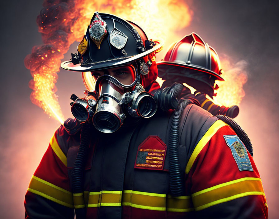 Firefighter in Full Gear Surrounded by Intense Flames