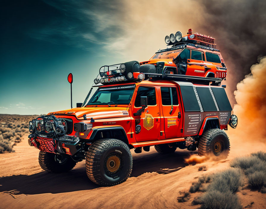 Two Orange Off-Road Vehicles with Gear in Desert Dust Cloud