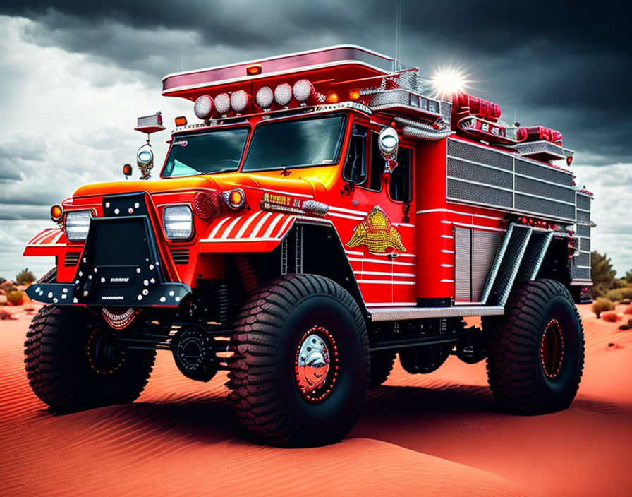 Red and White Fire Truck with Emergency Lights on Sandy Terrain