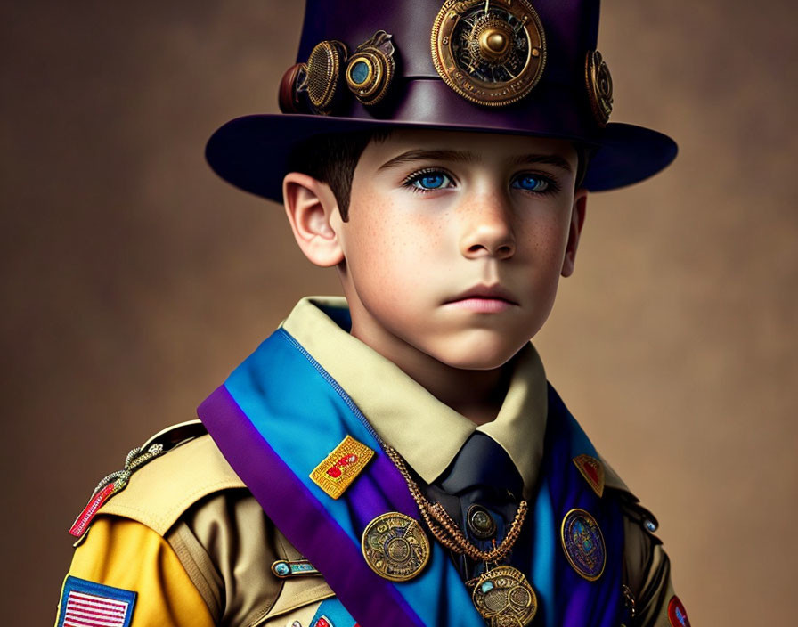 Young boy with blue eyes in steampunk hat and scout uniform on brown background