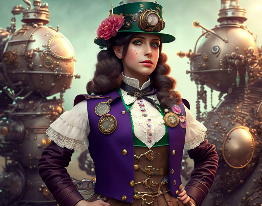 Steampunk woman with top hat and goggles among fantastical machines