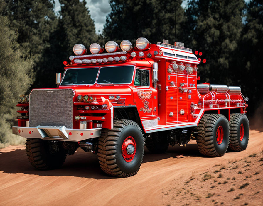 Red Off-Road Fire Truck with Light Bars Parked on Dirt Road