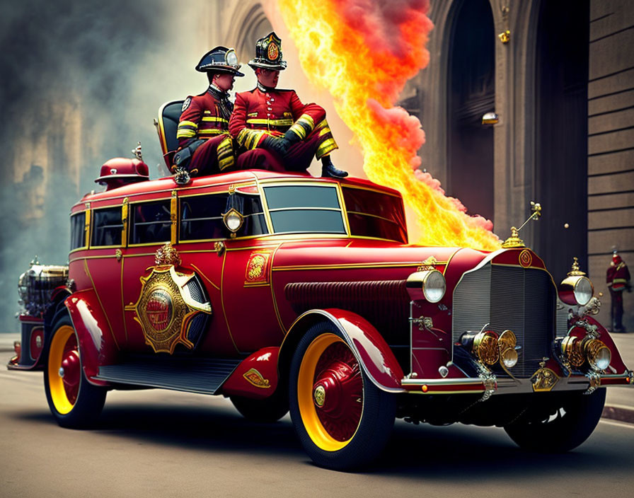 Vintage fire engine with flamethrower emitting large flame