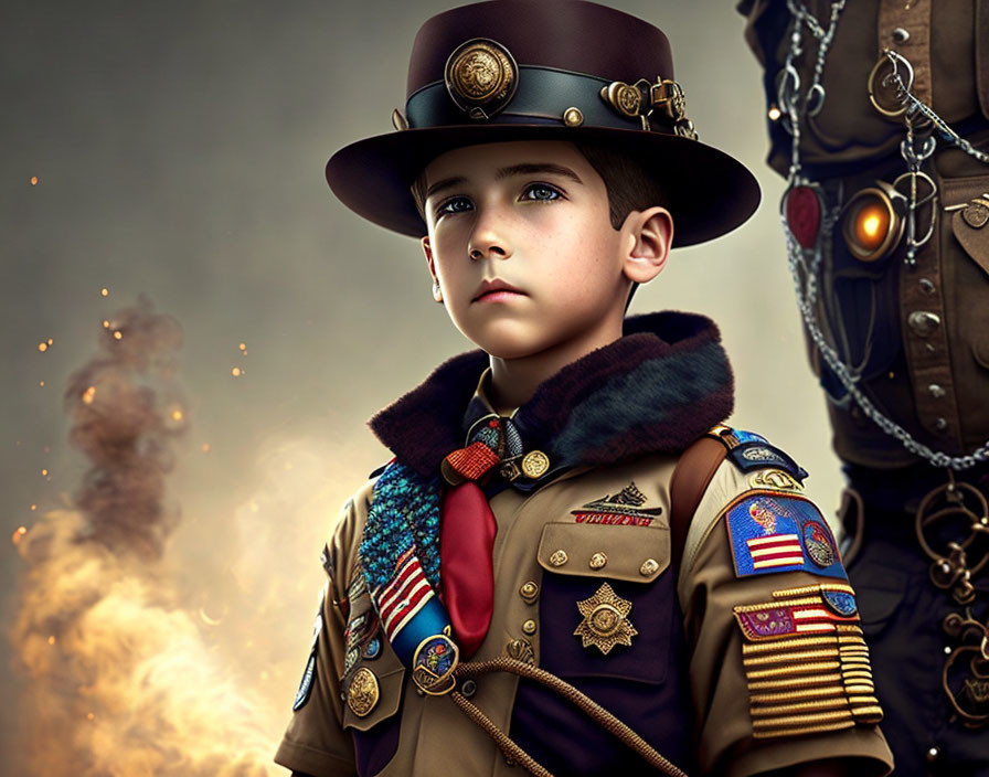 Young boy in steampunk uniform gazes ahead with badges and fur collar in smoky setting