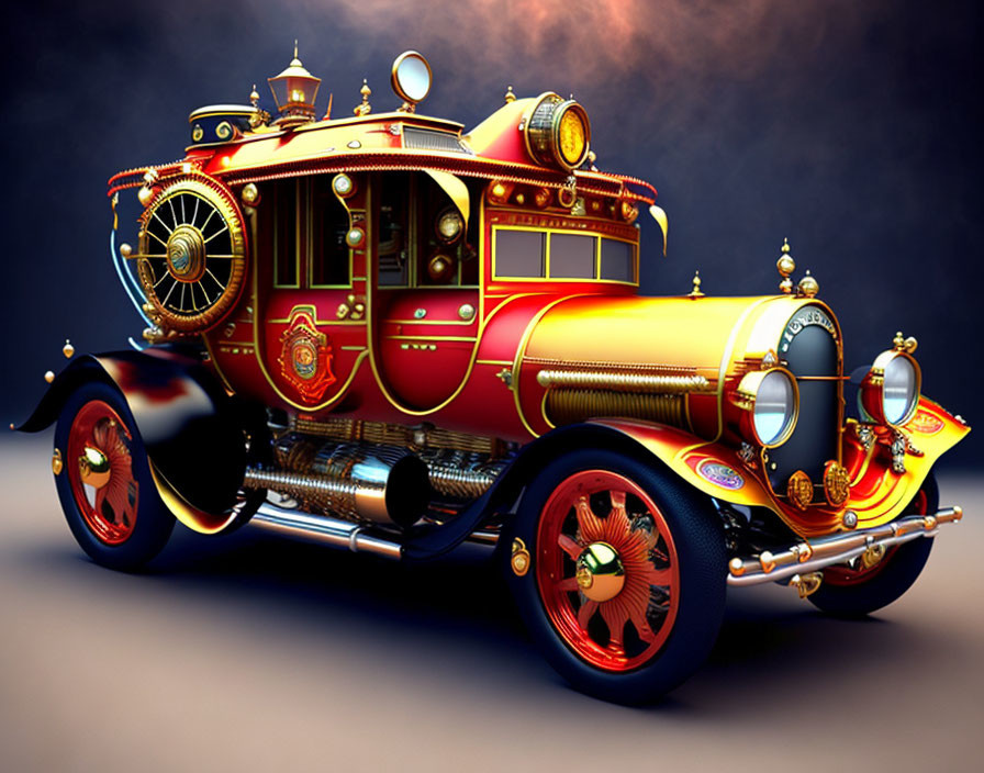 Vintage-inspired fantasy vehicle in vibrant red and gold hues with ornate retro-futuristic design.