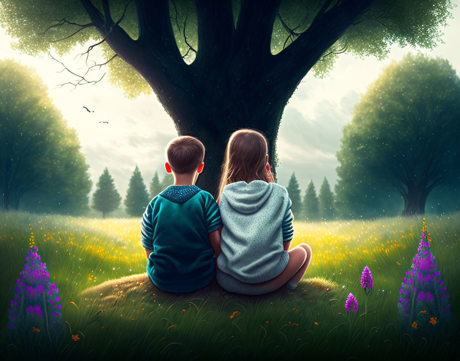 Children relaxing under tree in meadow with purple flowers and sunlight.