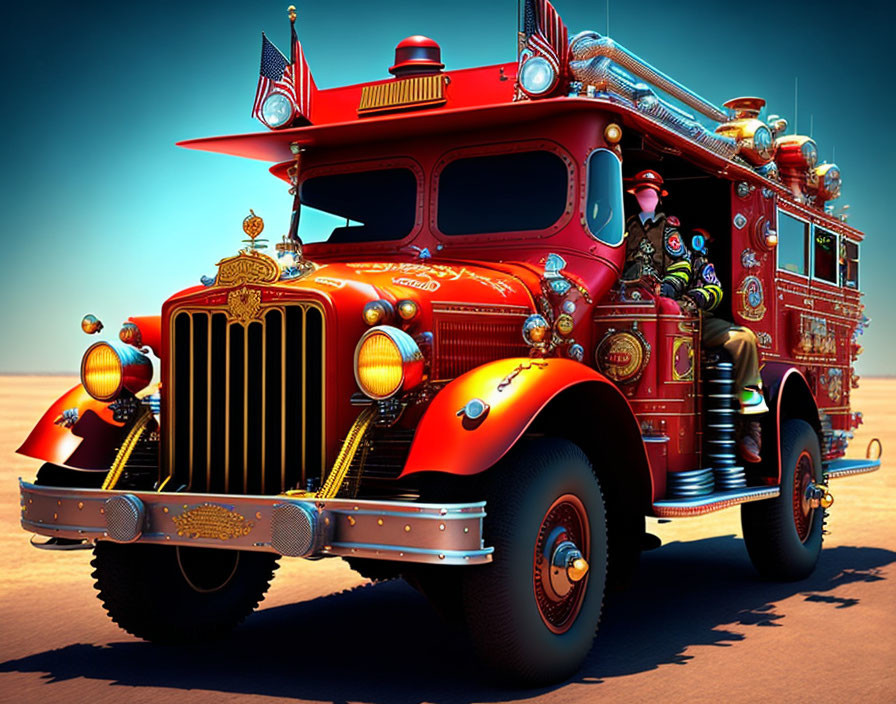 Vintage Fire Truck with American Flags and Chrome Details