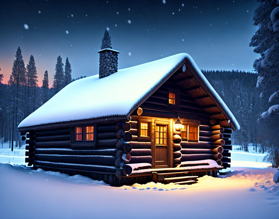 Snowy Landscape: Cozy Log Cabin in Twilight Sky