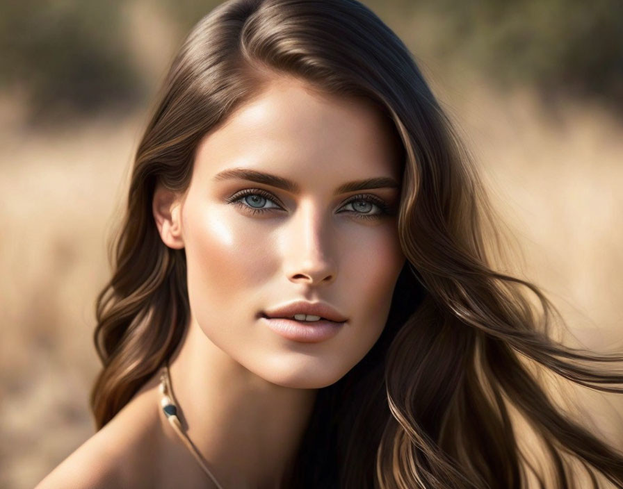 Digital portrait of woman with blue eyes, smooth skin, and long brown hair against blurred nature.