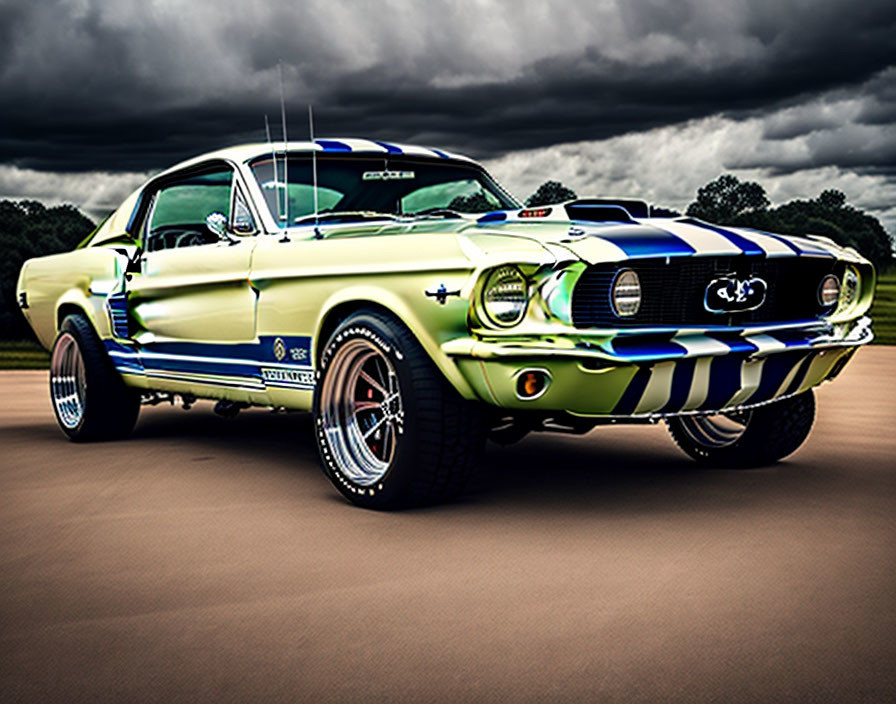 Vintage Green Shelby Mustang GT350 with Blue Racing Stripes & Chrome Bumpers