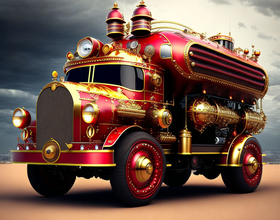 Steampunk-style vehicle with brass details against dramatic sky