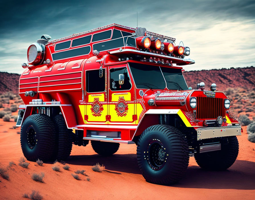 Vintage red and yellow fire truck with off-road tires in desert setting