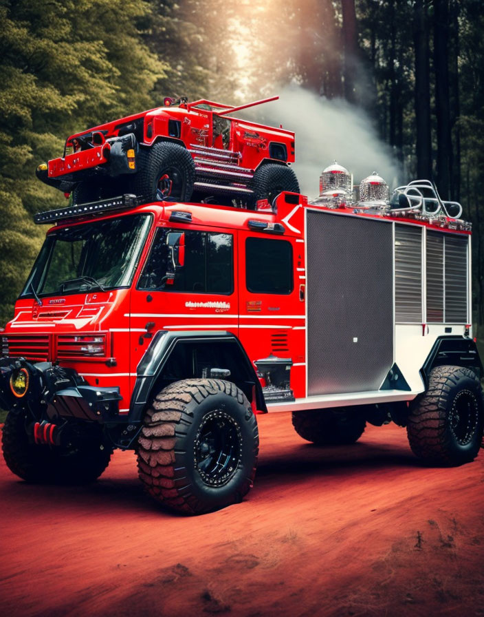 Red Off-Road Firefighting Truck in Forest with Hoses & Lights