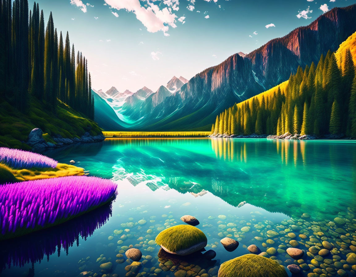 Scenic landscape with clear lake, lush mountains, colorful flora