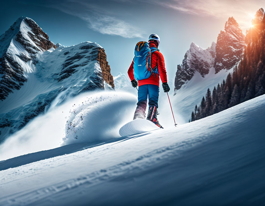 Skier in Bright Clothing Descending Snowy Slope