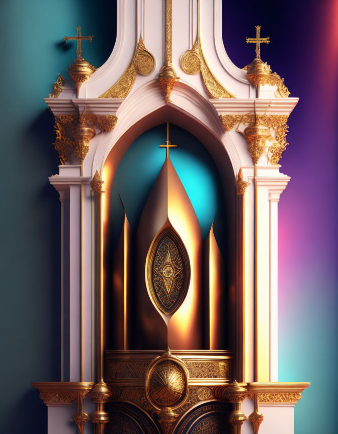 Golden Tabernacle with Religious Symbols on Colorful Background