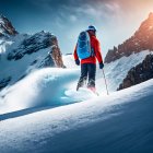 Skier in Bright Clothing Descending Snowy Slope