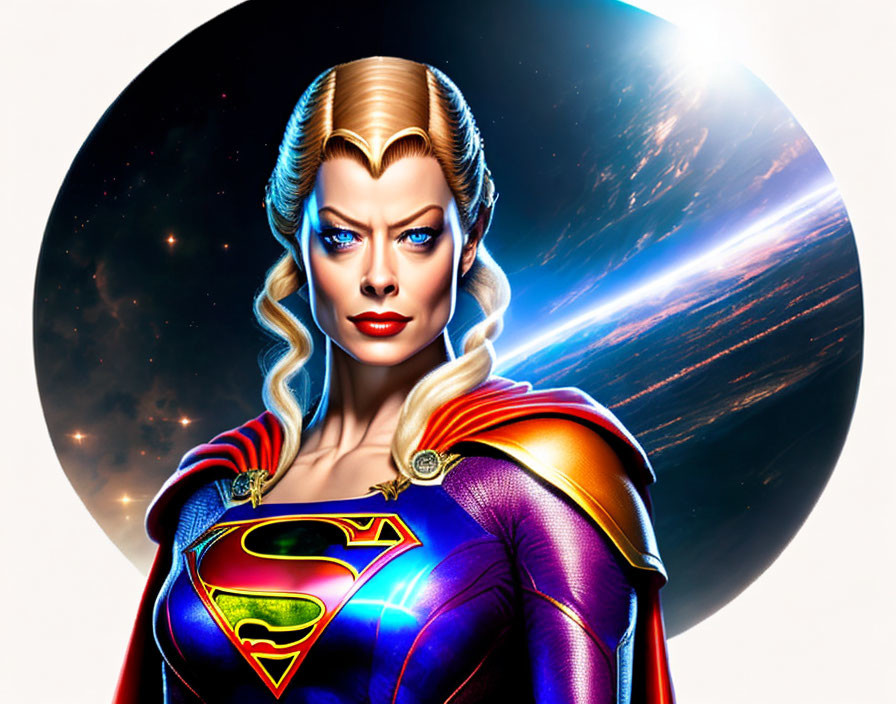 Blonde Female Superhero with "S" Shield in Cosmic Scene