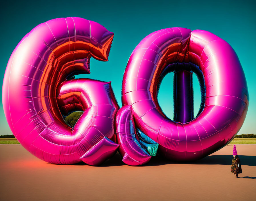 Large Pink Number 50 Balloons Towering Over Small Figure