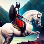 Knight on White Horse with Sword in Mountain Landscape