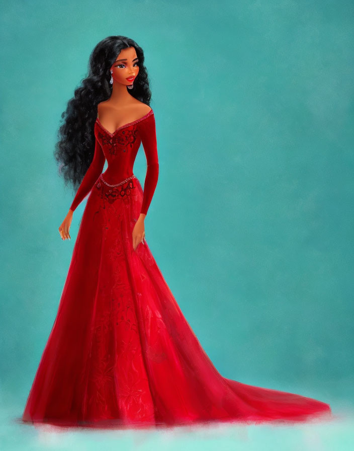 Elegant animated woman in red dress with long black hair